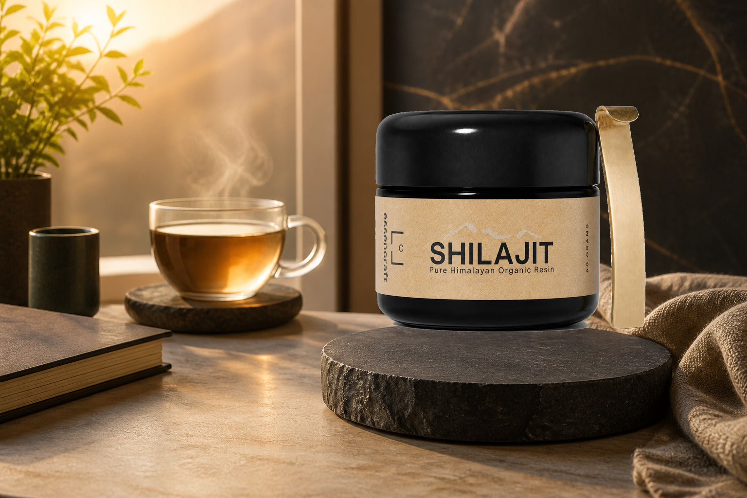 Essencraft Shilajit Resin jar and spoon beside a warm morning drink