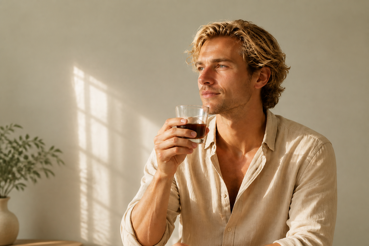 A customer enjoying a glass of prepared Essencraft Shilajit Resin