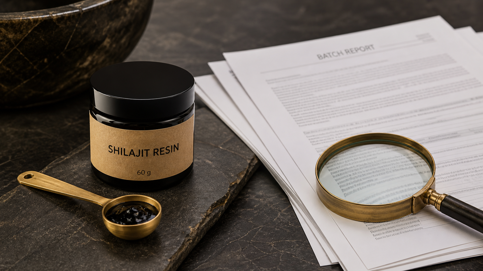 Shilajit resin jar beside a batch report and magnifying glass