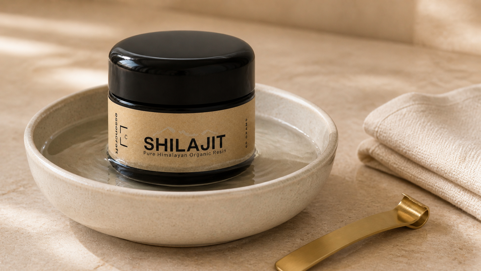 Closed Essencraft shilajit resin jar warming upright in a bowl of warm water before measuring a serving