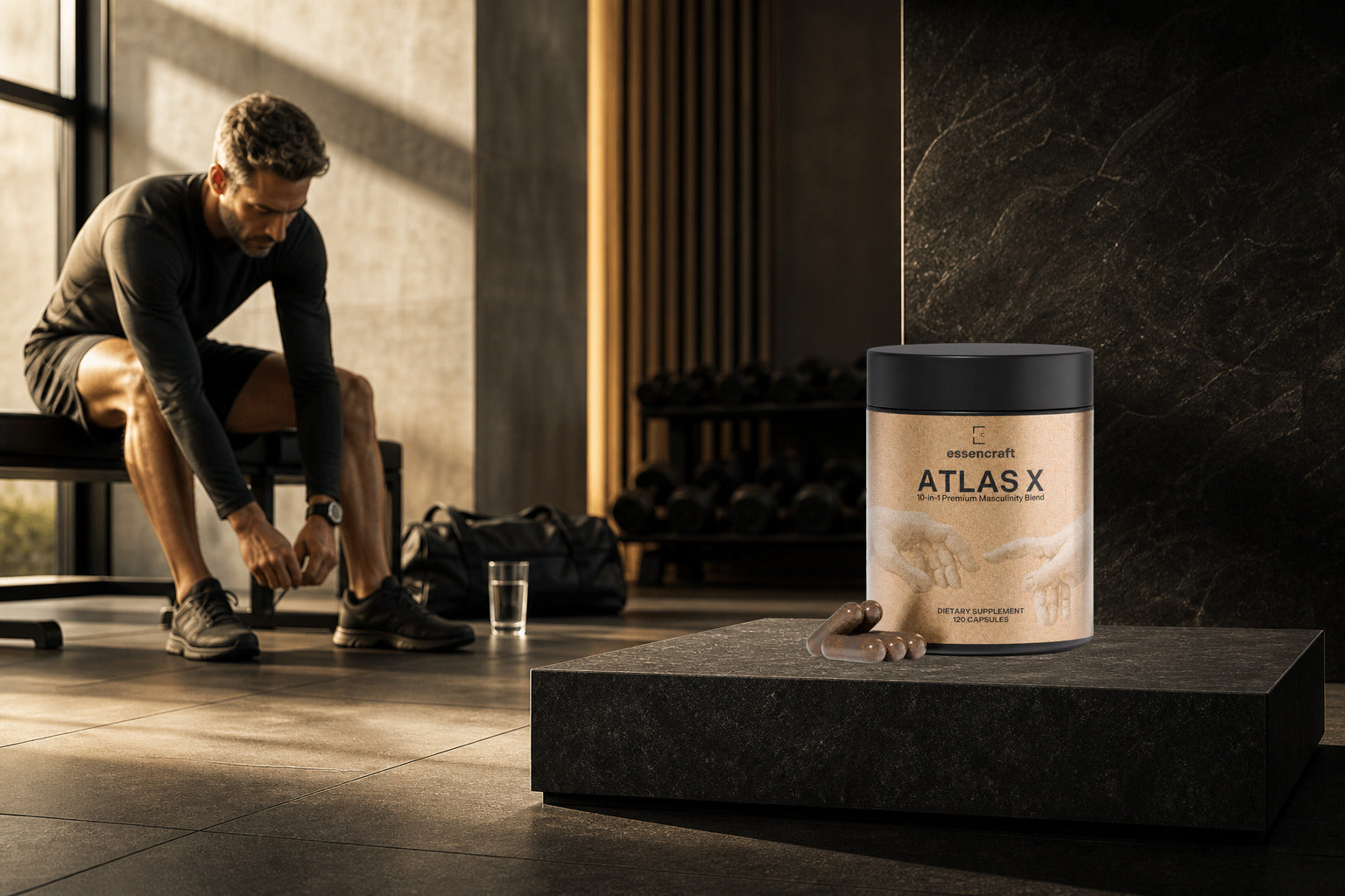 Essencraft Atlas X bottle in a refined training and everyday setting