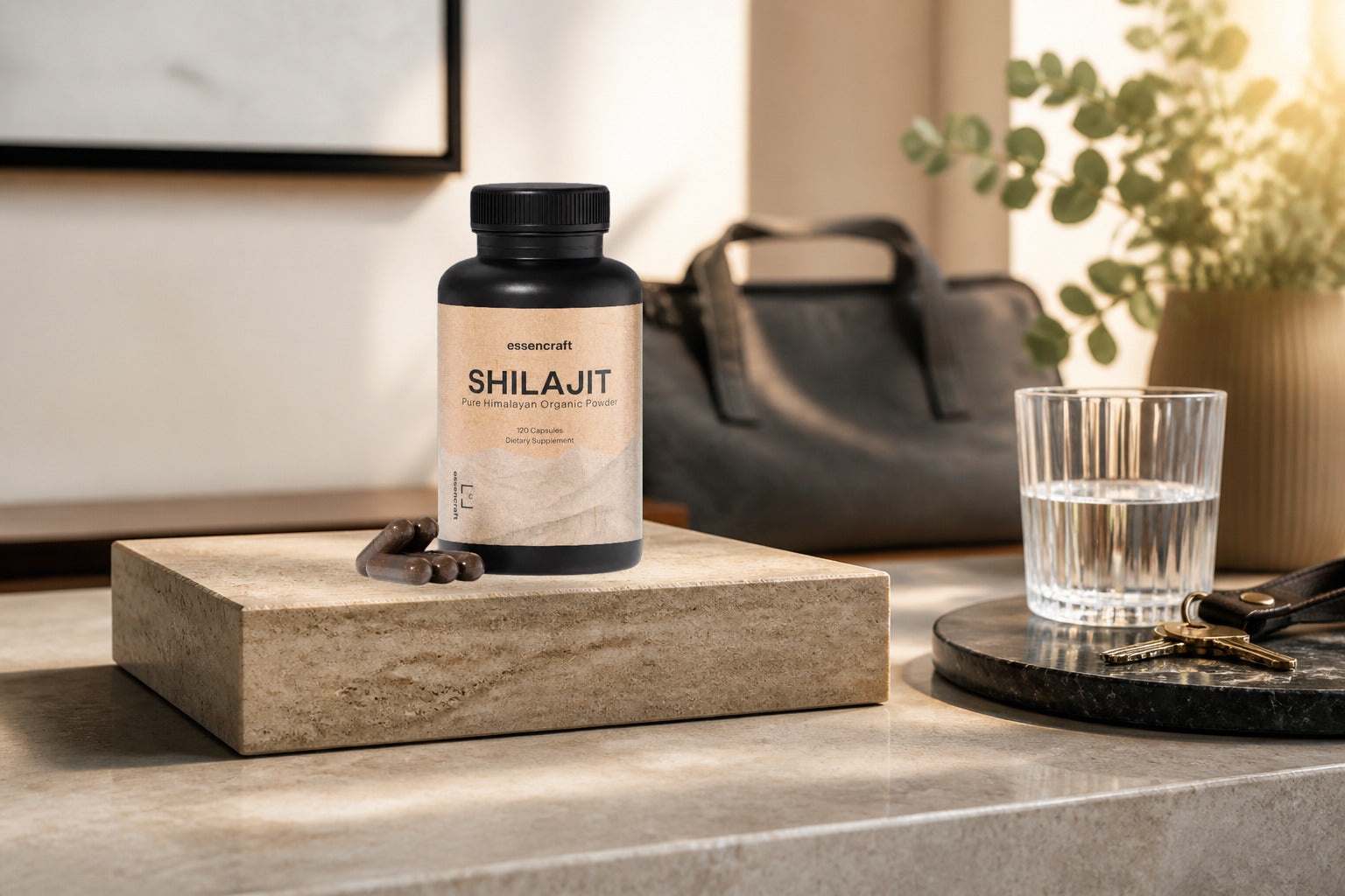 Essencraft Shilajit Capsules bottle beside water and an everyday work bag