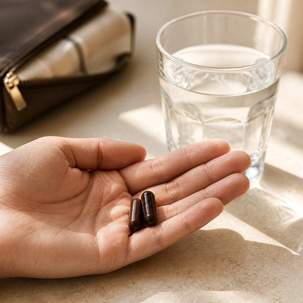 Two Essencraft Shilajit Capsules beside a glass of water