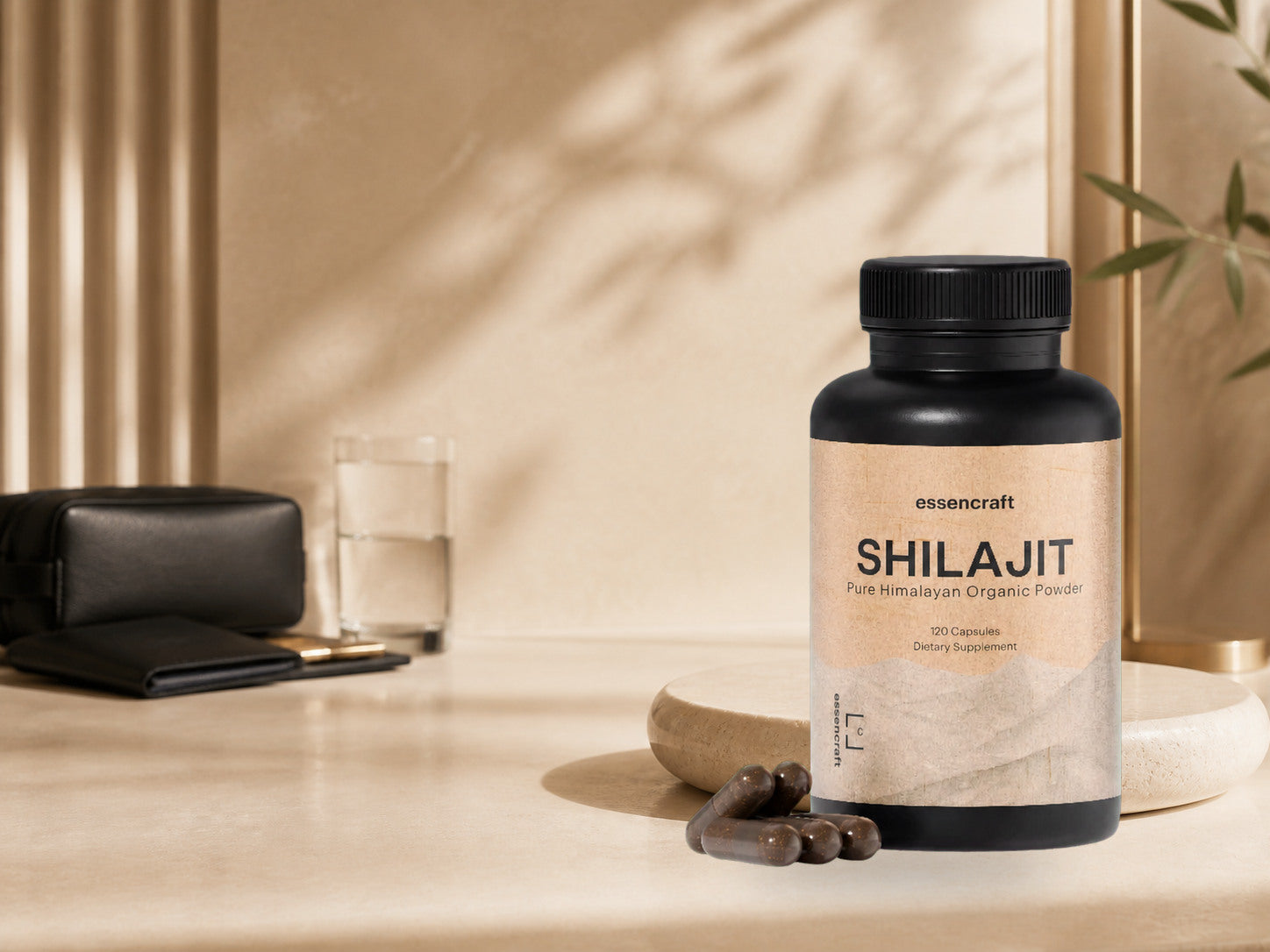 Essencraft Shilajit Capsules bottle in a travel-ready setting