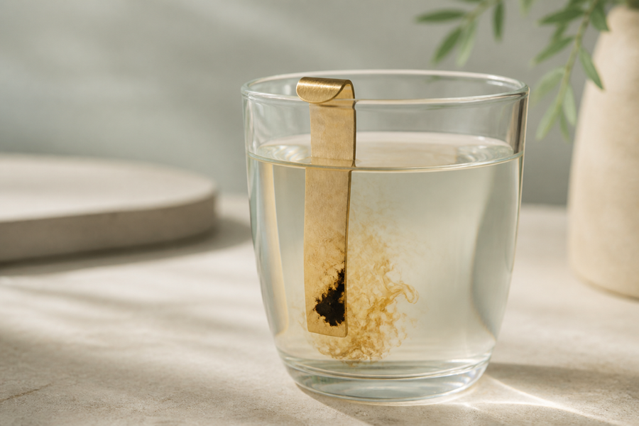 Black Shilajit Resin dissolving from the official bronze spoon into water